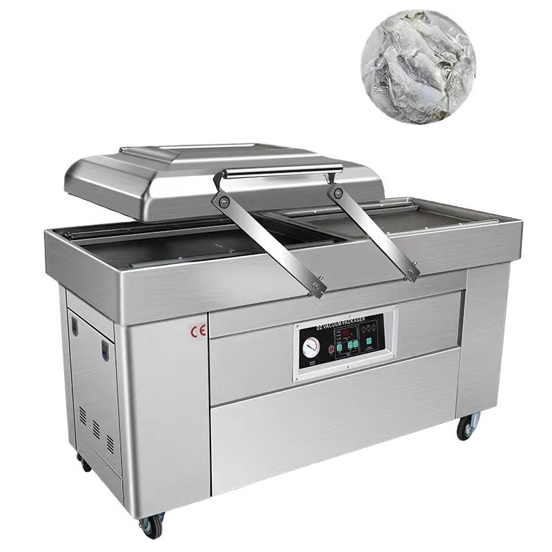 Máquina de embalagem a vácuo de câmara dupla de 1500W para arroz de grãos tijolos caviar datas peixe